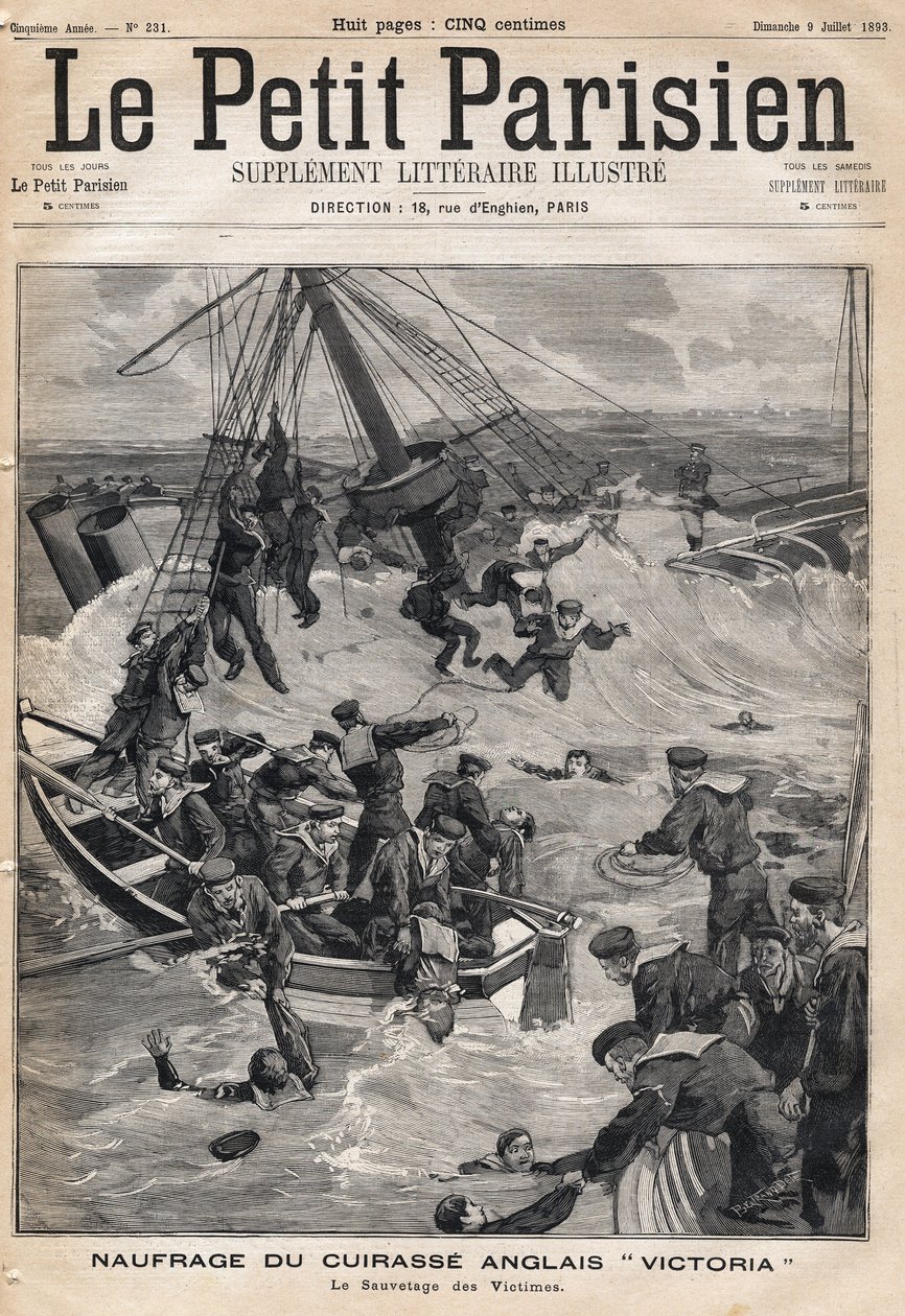 Vraket av den engelske rustningen "Victoria"" etter en kollisjon på kysten av Syria og redde ofrene. En av avisen "Le petit Parisien"" 9.07.1893 (gravering) av French School
