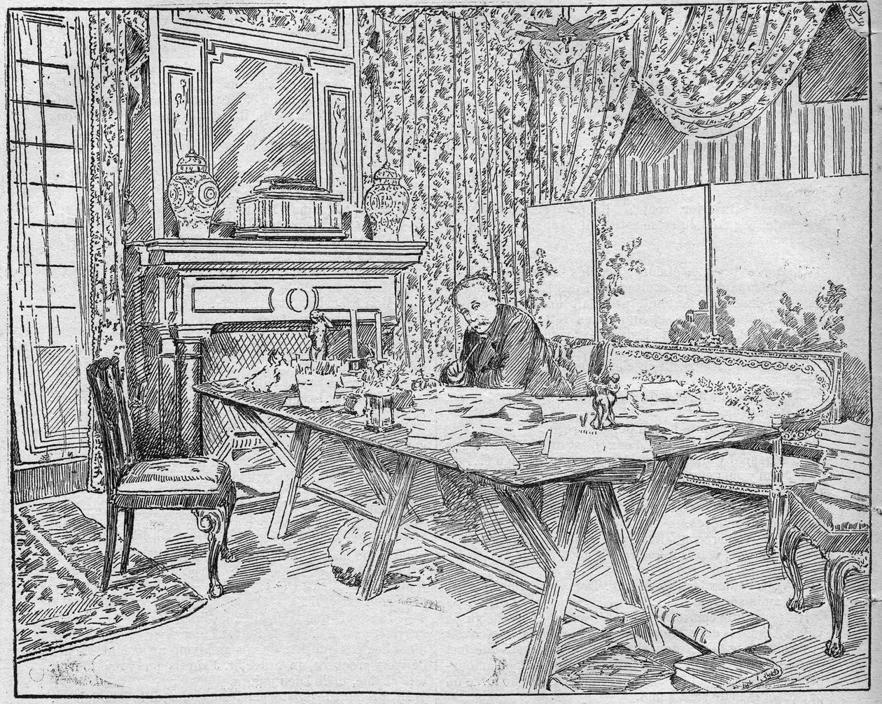 Writer Alexandra Dumas Jr. (1824-1895) in his work cabinet. Engraving in “La gazette du dimanche”” of 12 December 1895. av French School
