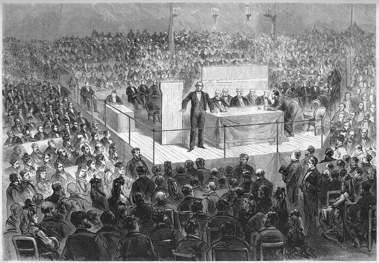 Forfatteren Ernest Legouve (1807-1903) leder et "patriotisk møte" organisert for å skaffe midler til å forløse de franske avdelingene okkupert av Tyskland siden slutten av krigen i 1870. Paris, sirkus på Champs Elysees, 25. februar av French School