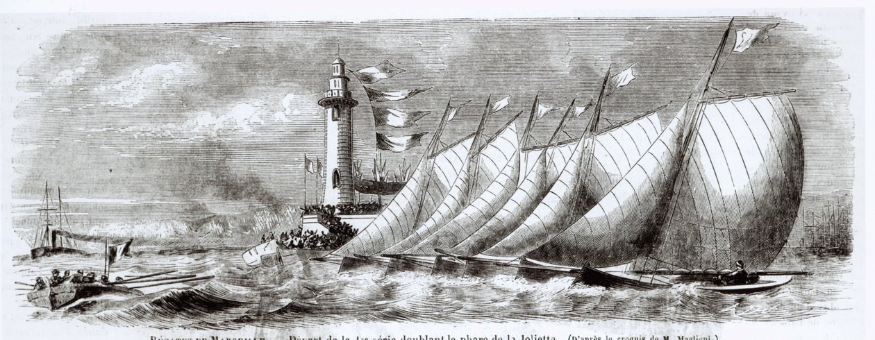 Yachter som runder Joliette fyr under 1864-regattaen i Marseilles, fra Le Monde Illustre, 17. september, 1864 av French School