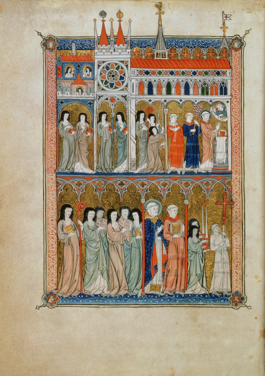 Yates Thompson 11 f.6v-messe deltatt av tjenestemenn med en prosesjon nedenfor, ca. 1300 (vellum) av French School