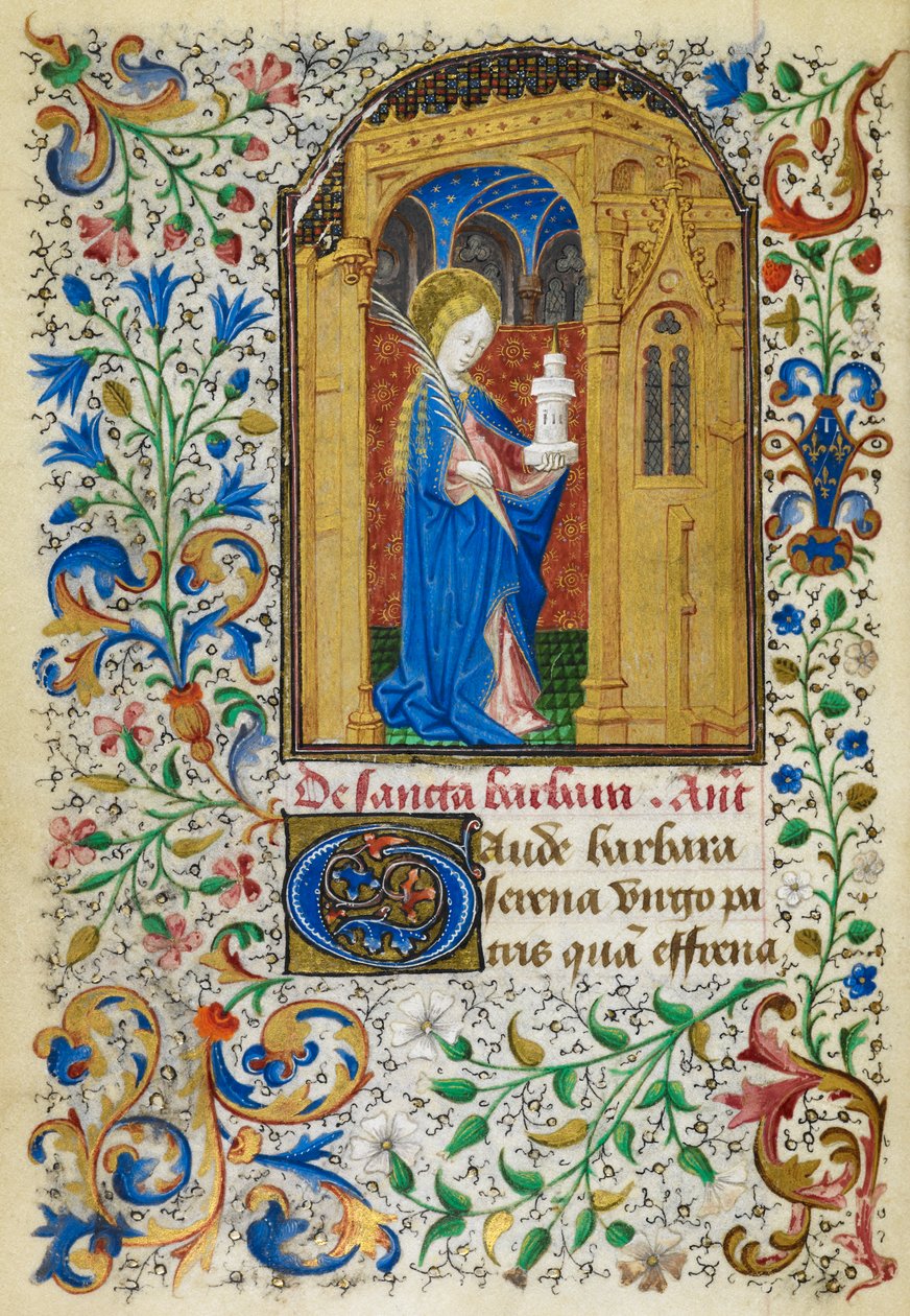 Yates Thompson 3, fol.289v Miniatyr av St. Barbara under en gyllen bue, som bærer en palme og tårnet hennes, med en full bladkant, ved begynnelsen av hennes stemmerett, fra 