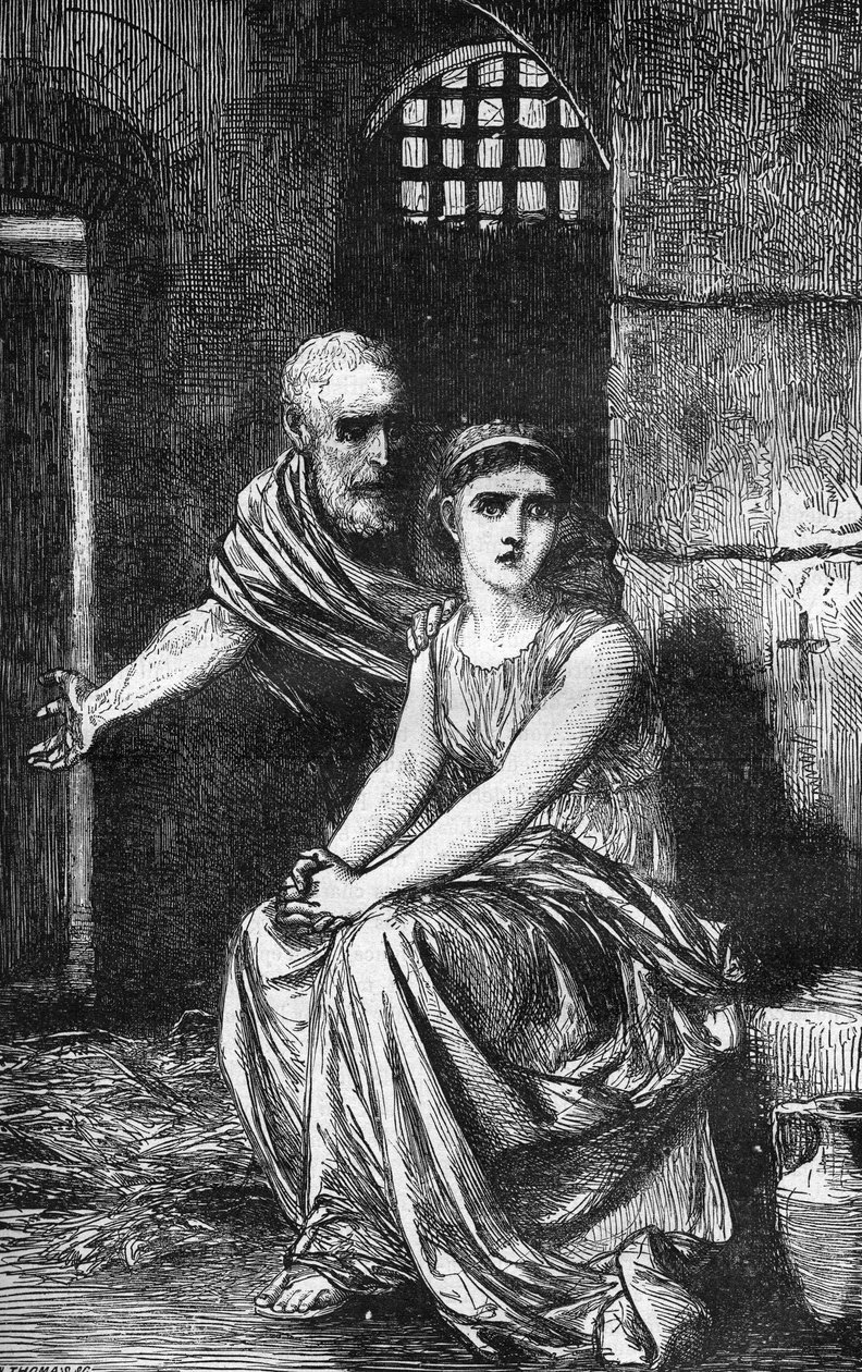 Ung kristen jomfru Theodora av Alexandria innestengt i et utskeielseshus fordi hun nektet å gi opp sin tro. Gravering i "Prostitusjonens og utskeielsens historie blant alle verdens folkeslag fra antikken til i dag" av Dr. Th. -F. av French School
