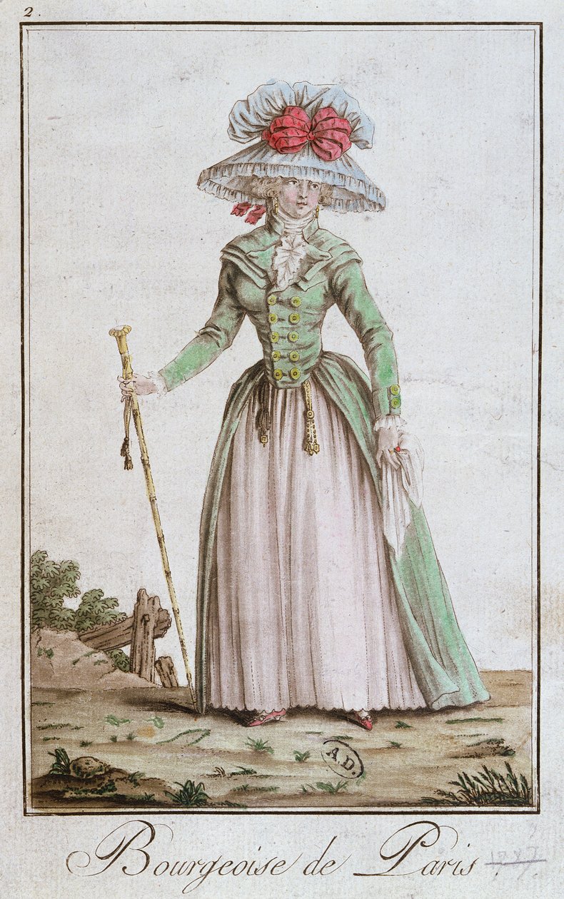 Ung parisisk borgerlig kvinne i vandrekjole, 1787 av French School