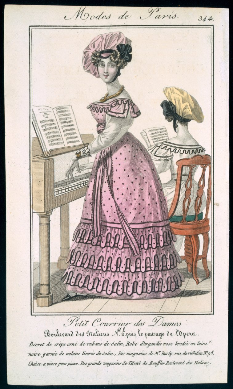 Ung kvinne i en rosa organdiekjole trimmet med svart og en crepe beret med satengbånd, reklame fra Modes de Paris, ca. 1825 av French School