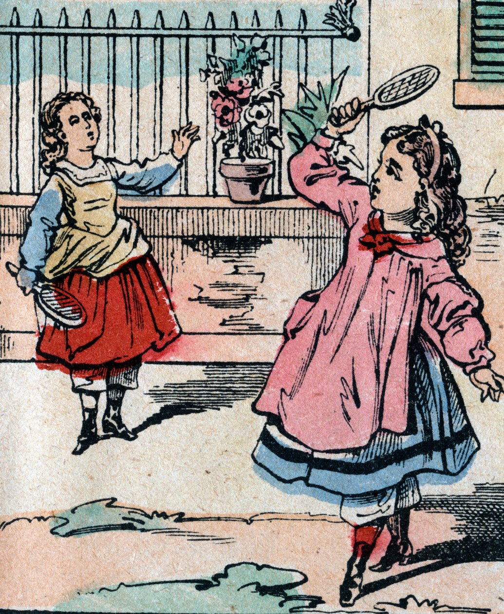 Unge jenter som spiller battledore og fjerbold, tidlig spill som ligner på badmington - Epinalt bilde - 1800-tallet (gravering) av French School