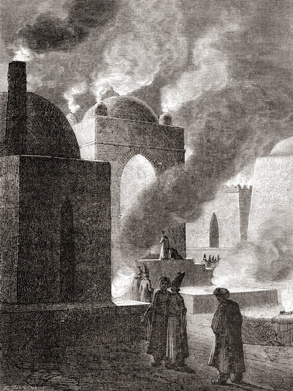 Zoroastriske ildtilbedere ved et ildtempel i Baku, Aserbajdsjan, fra 