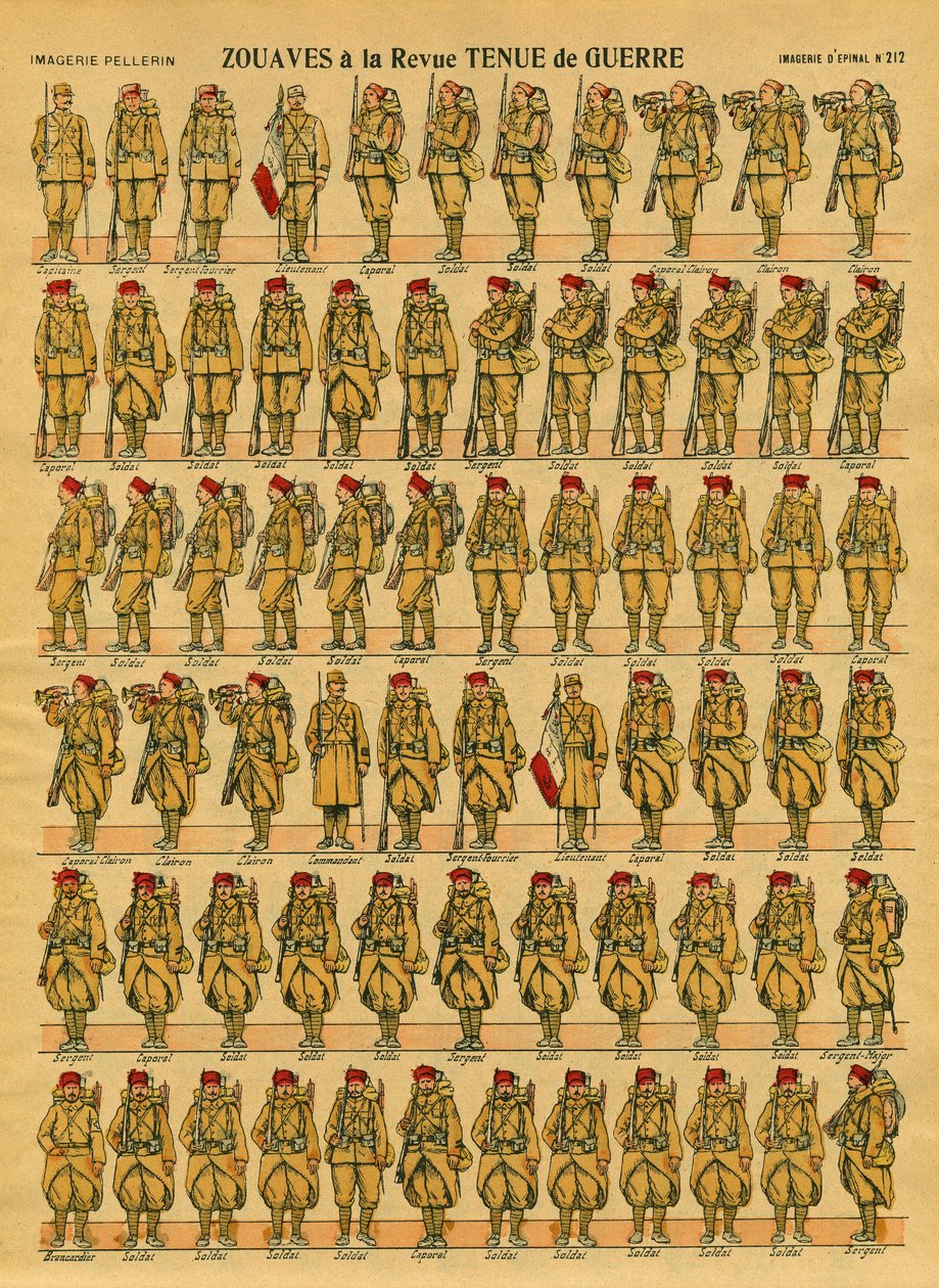 Zouaves, en fransk Armee-infanterienhet opprettet i 1830 av general Clauzel for erobringen av Algerie. Epinal avbildning av French School