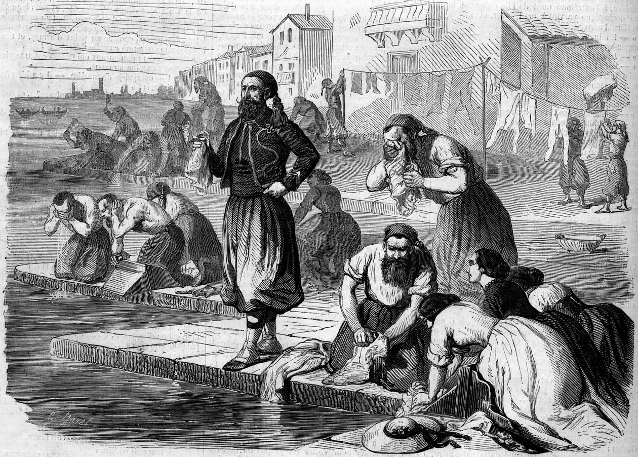 Zouaver fra den franske hæren gjør klesvasken sin. Italia, Risorgimento de 1859. Gravering i "" Le Monde Illustré"" nr. 122 av 13. august 1859. av French School