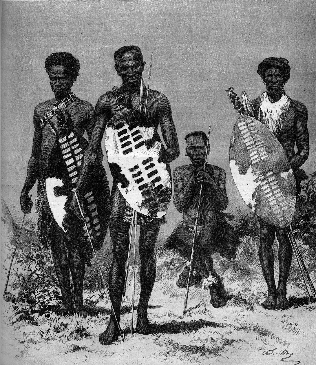 Zulu-krigere. Gravering i "" The Illustrous World"" nr. 1146 av 15. mars 1879. av French School