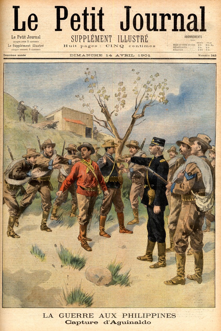 arrestasjon av frihetskjemper Emilio Aguinaldo Forsiden til avisen "Le Petit Journal" 14. april av French School
