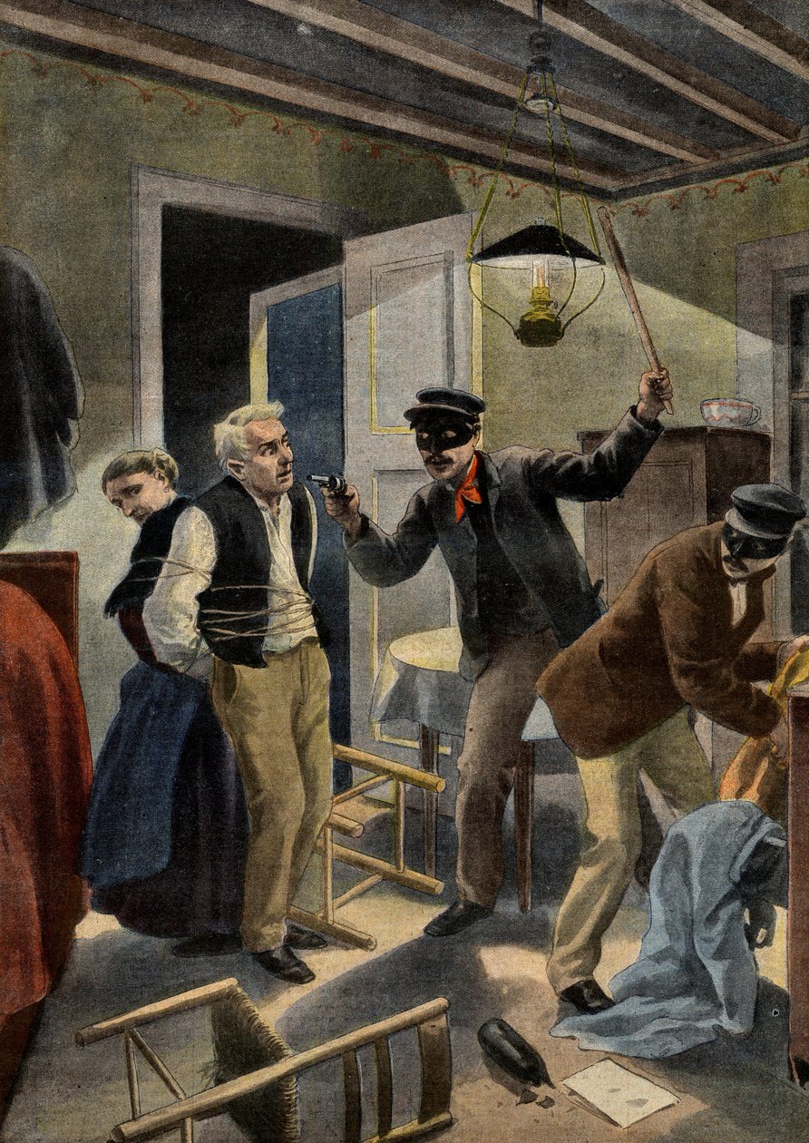 banditry - Banditry - An elderly couple robbed by masked intruders in their home in the Gers, France. Scene of banditry in the gers. Illustration for Le petit Journal, 26 January 1902. av French School