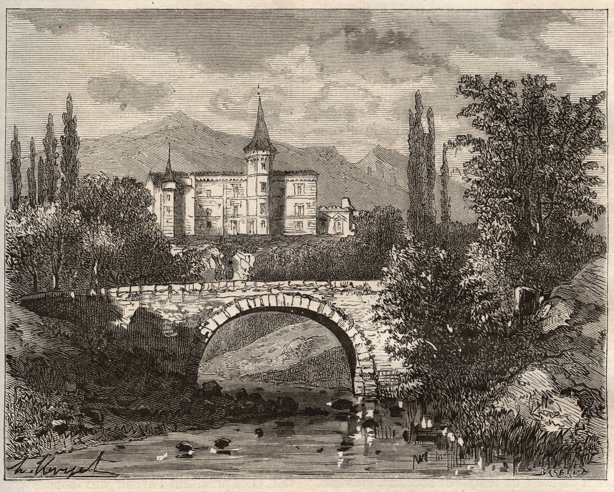 chateau de la rochelambert I dalen ved terminalen Haute-Loire (43) - gravering i «La France illustrée: geografi, historie, statistisk administrasjon» av V.-A. Malt brun. 1884 av French School