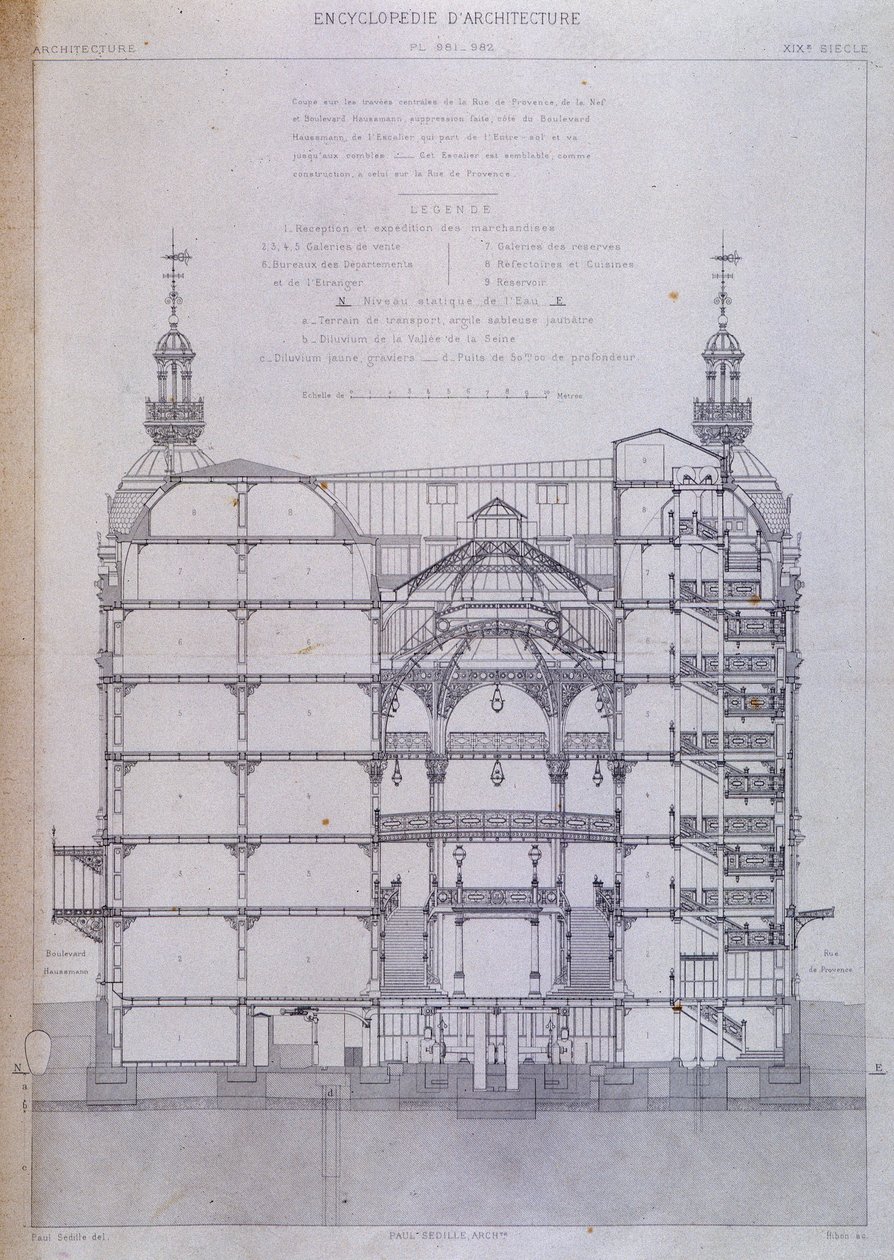 varehuset le Printemps i Paris: Tverrsnittsarkitektur. av French School