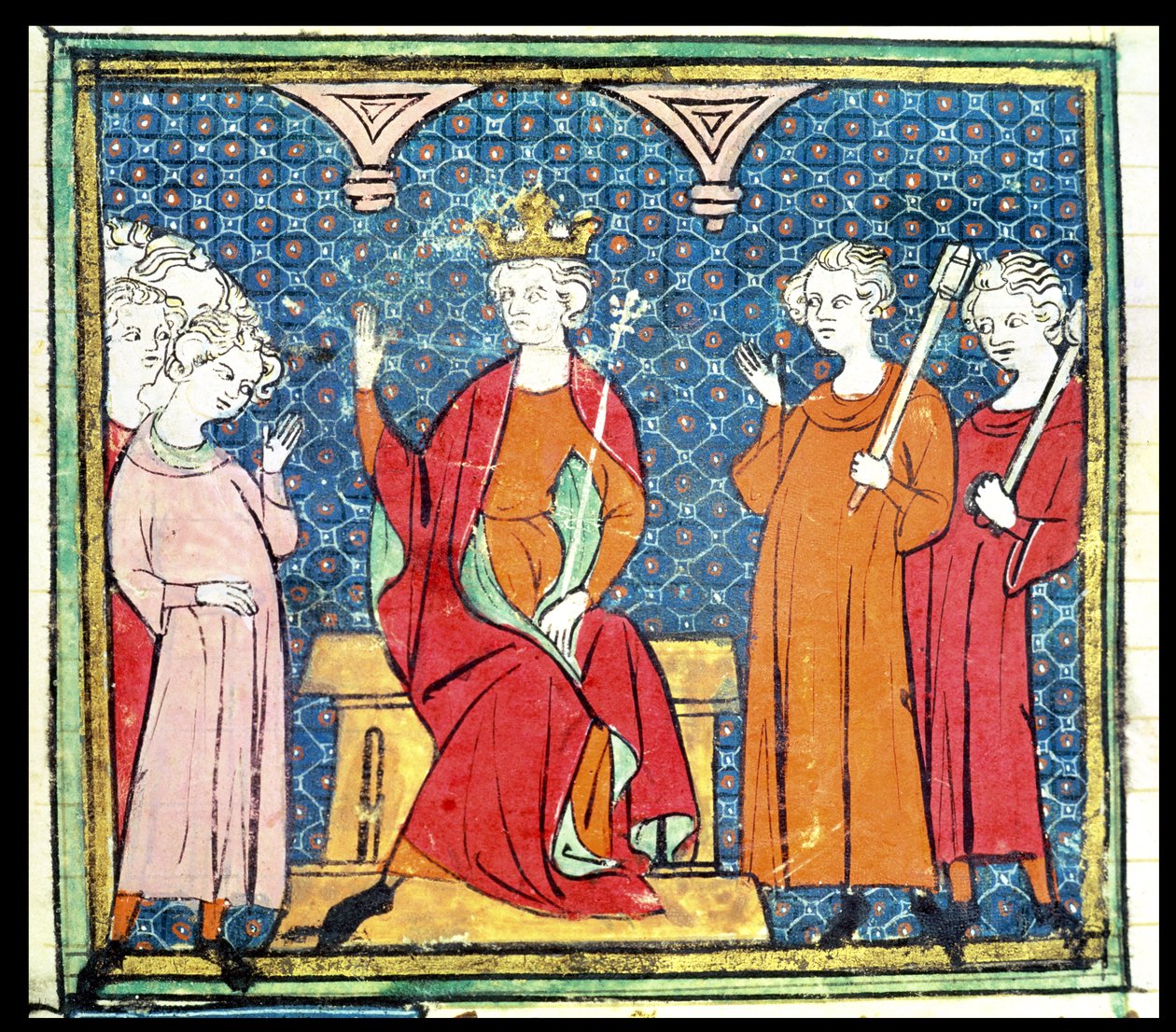 f.14v Childeric II (ca. 653-73), merovingerkonge av Austrasia, fra Grandes Chroniques de France, 1375-79 av French School
