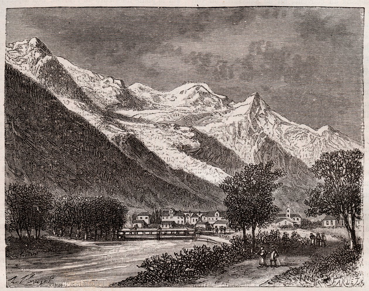 chamonix-dalen og mont Blanc - gravering i "La France illustrée: geografi, historie, statistisk administrasjon" av V.A. Malt-Brown. 1884 av French School