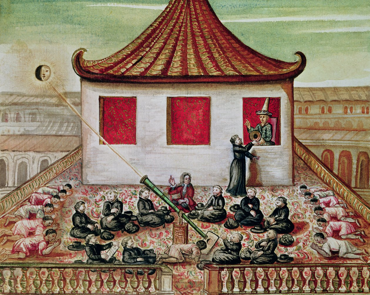od. 59 fol.7 Solformørkelsen i Siam i 1688, sett av jesuittmisjonærene, i nærvær av kongen av Siam ved vinduet til palasset hans, 1688 (wc på papir) av French School