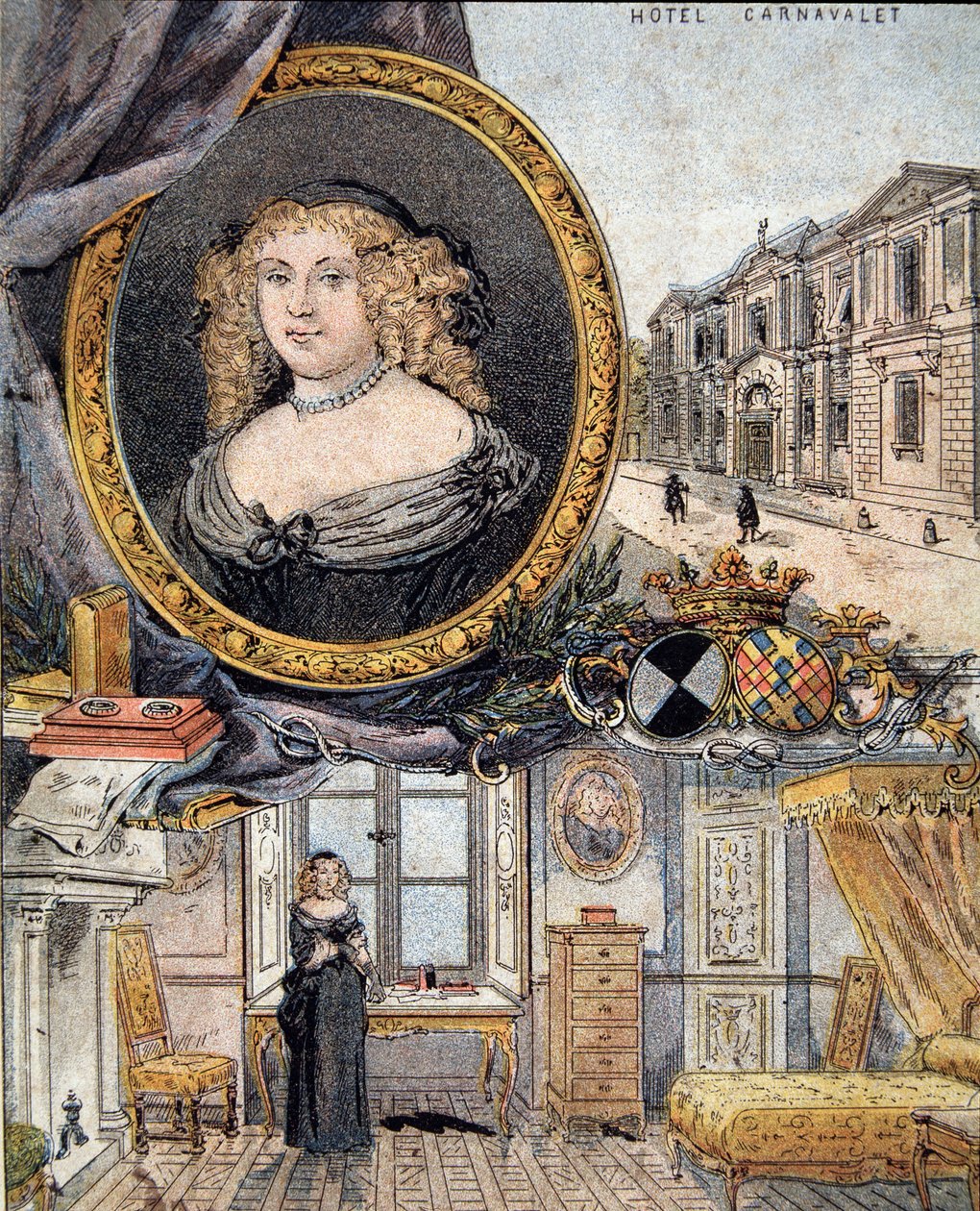 portrett av Marie de Rabutin-Chantal (Rabutin Chantal), Marquise av Sevigne kjent som Madame de Sevigne (1626-1696) og hennes residens Hotel Carnavalet. av French School