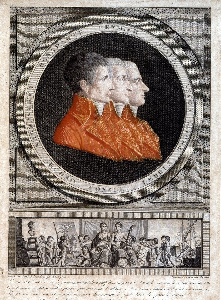 portrett av de tre konsulene, Napoleon Bonaparte (1769-1821), Jean Jacques Regis (Jean-Jacques-Regis) de Cambaceres (1753-1824) og Charles Francois Lebrun (1739-1824)" av French School