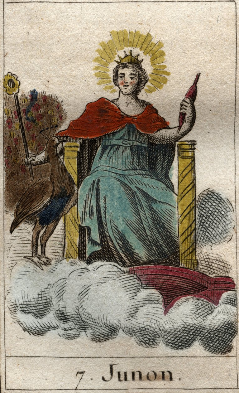 representasjon av den guddommelige Juno, dronningen av guder og himmelen, hun er søsteren og kona til Jupiter (Representasjon av Juno, gudenes dronning, hustru og søster til Jupiter). Fra "Mythology of Youth" av Pierre Blanchard 1803. av French School
