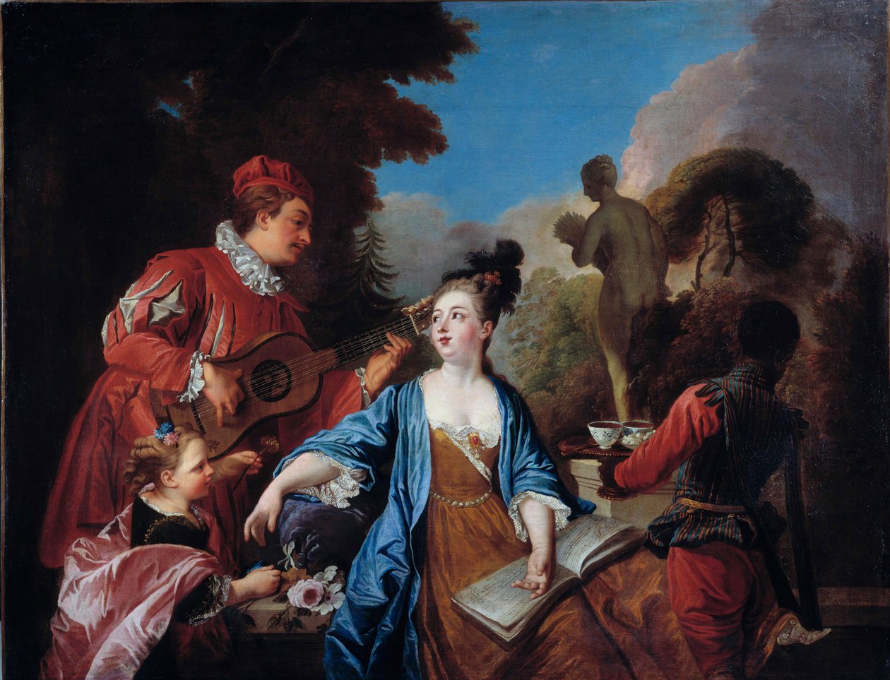 smak den i en park Unge av adelen får servert teen i hagen av en ung svart tjener. Maleri av den franske skolen. 18. århundre. Søn 1,71x1,32 m Rouen, musee des Beaux Arts av French School