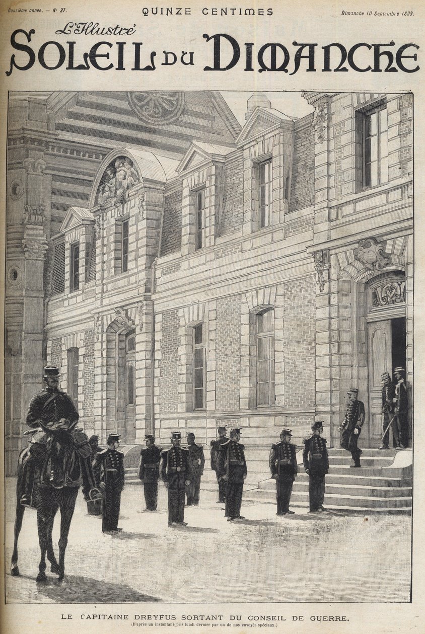 the Dreyfus affair- The captain Alfred Dreyfus going out of Conseil de guerre - Dreyfus case - Proces de Rennes - Alfred Dreyfus leaving the Conseil de guerre (1899) - “Le soleil du diamanche”” of 1899 av French School