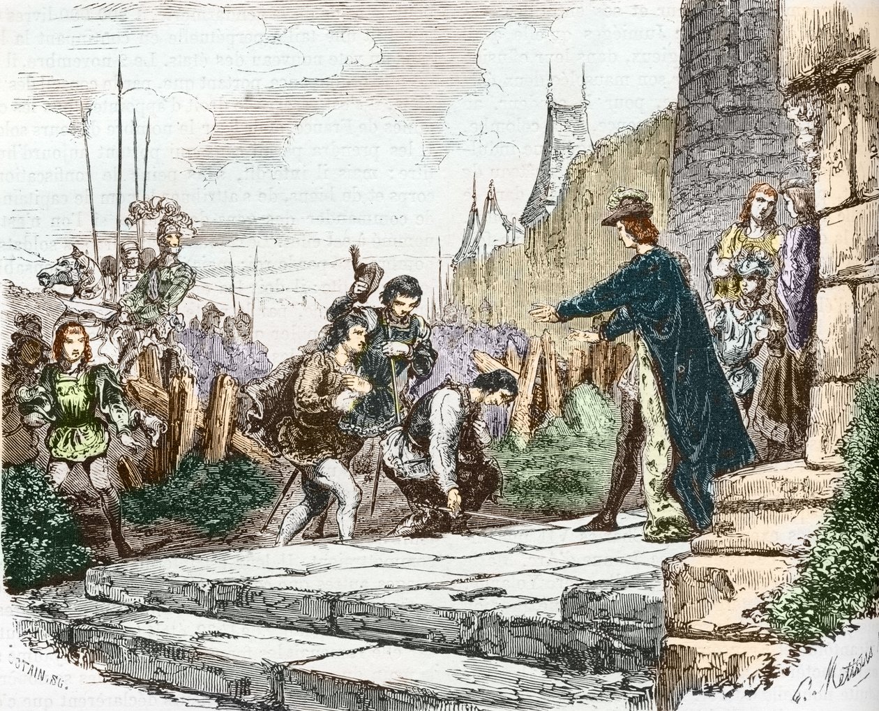 delfinen Ludvig (den gang Ludvig XI), hertugen Johannes II av Alencon og hertugen Karl I av Bourbon ber om tilgivelse til kong Karl VII av French School