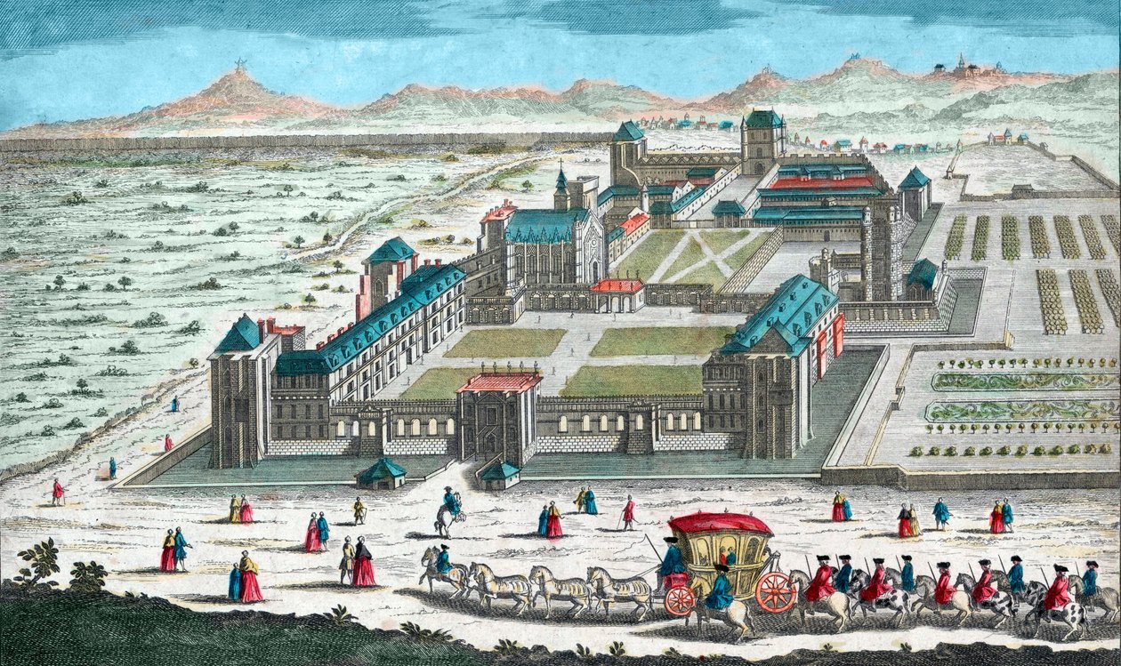 utsikt over Chateau de Vincennes - Chateau de Vincennes nær Paris, en vue d'oiseau - gravering fra 1700-tallet - Perspektiv utsikt over slottet: hagene, tegning av Le Notre for Ludvig XIV vest for fangehullet - av French School