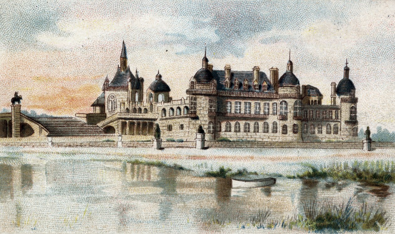 utsikt over slottet i Chantilly (Oise). av French School