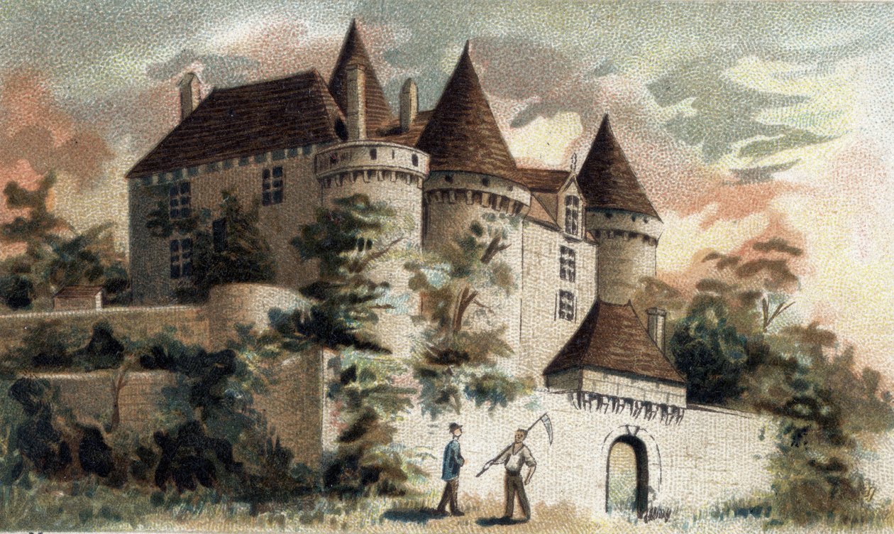 view of the castle of Fenelon in the Dordogne. av French School
