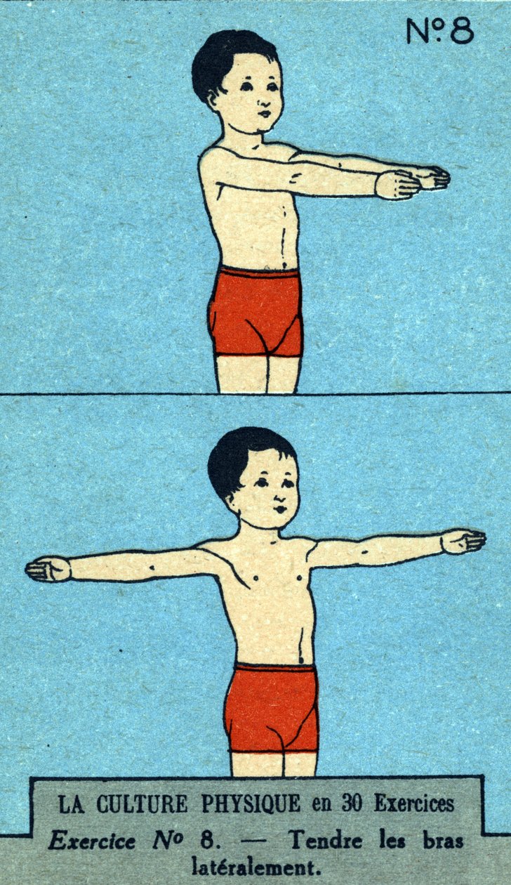 trening, kondisjon, kroppsøvelser, god helse, sunn (kromolitografi) begynnelsen av det 20. århundre av French School