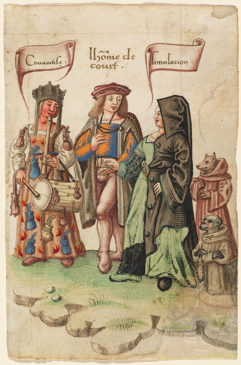 En hoffmann som står mellom begjærlighet og dissimulering [fol. 14 recto] av French early 16th Century