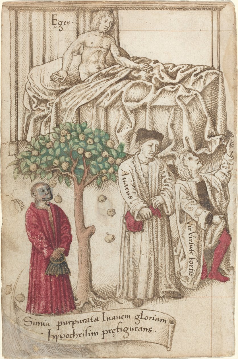 En ape i lilla med en syk mann, en god mann og en gjerrig [fol. 36 verso] av French early 16th Century