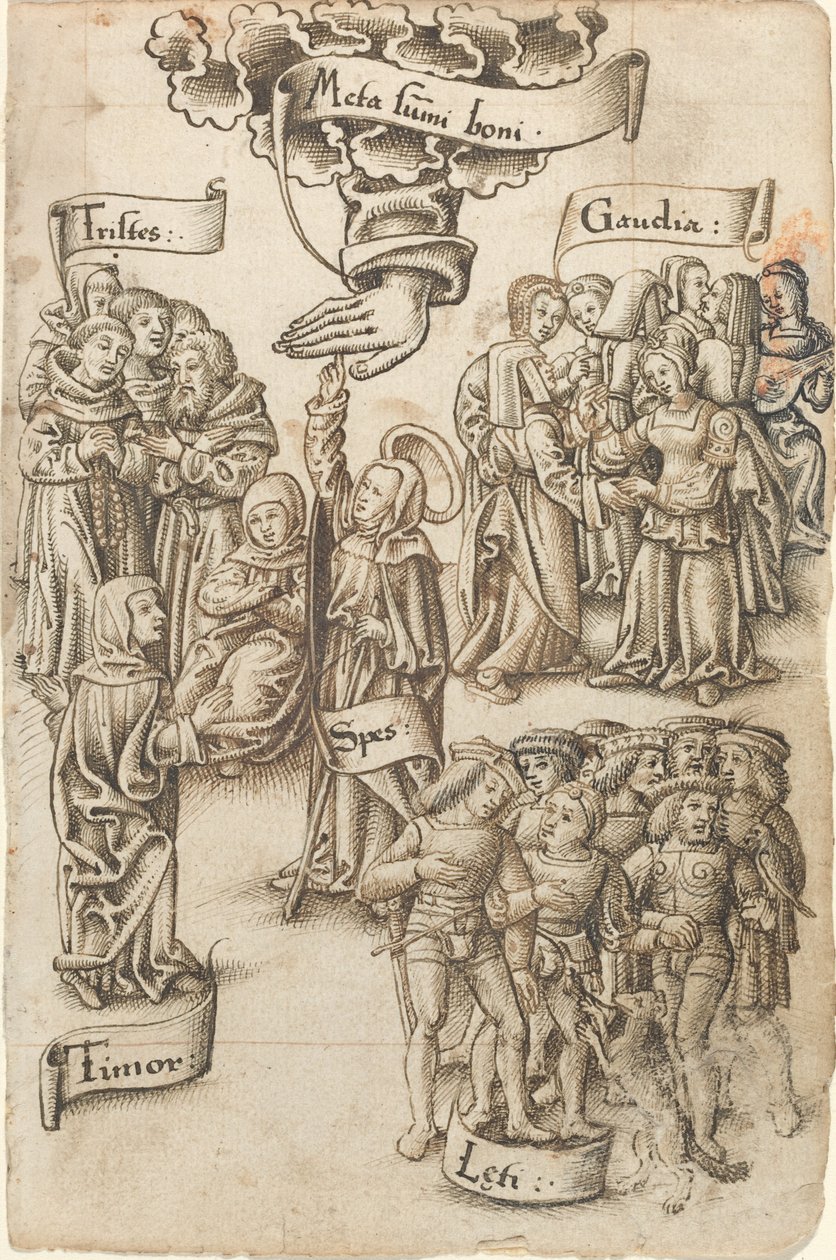 Håp, Reaching for Heaven, står blant triste og glade menn, gleder og frykt [fol. 19 recto] av French early 16th Century