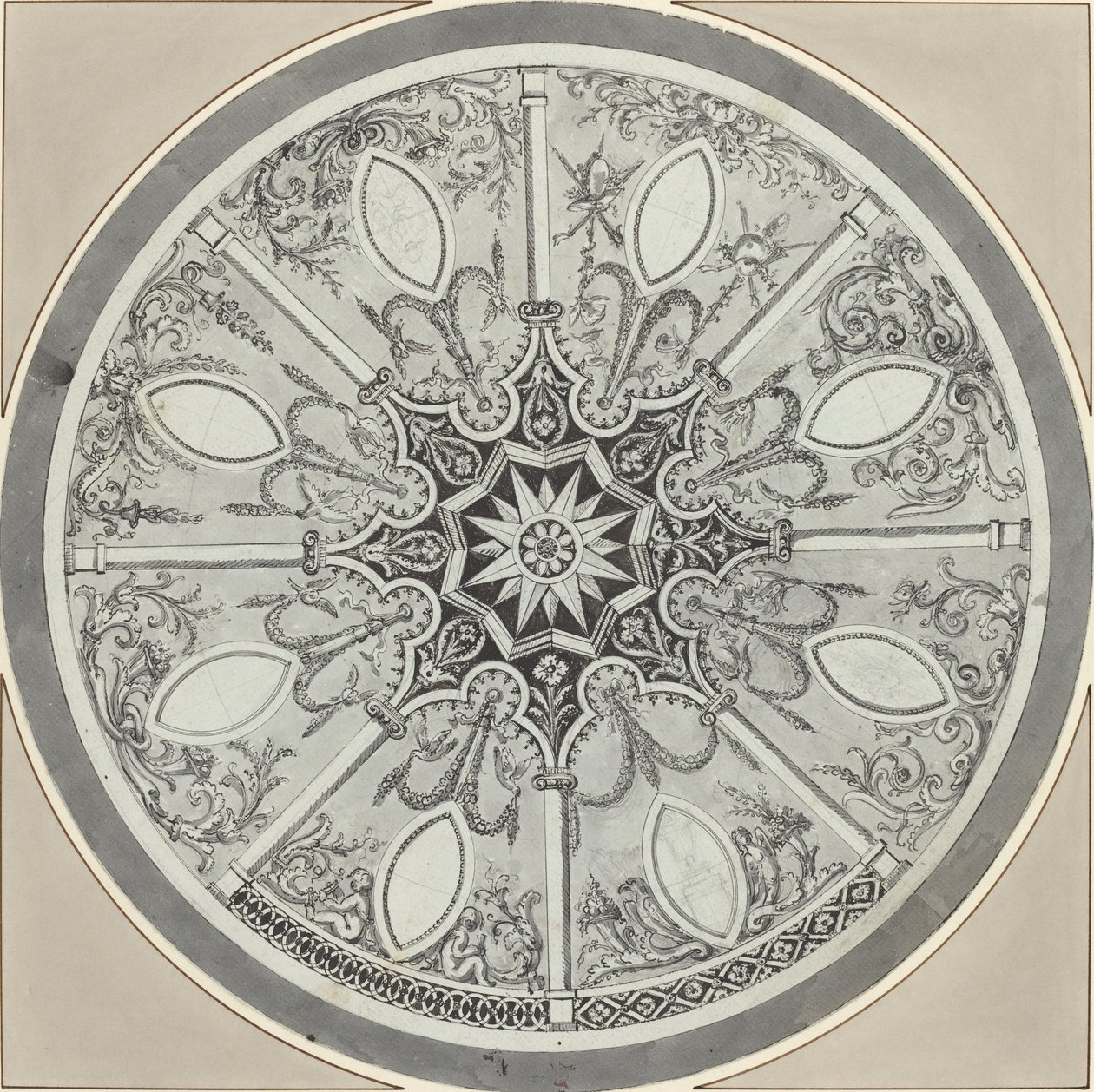 Design for en innlagt sirkulær bordplate, med alternativer av French or Italian 18th Century