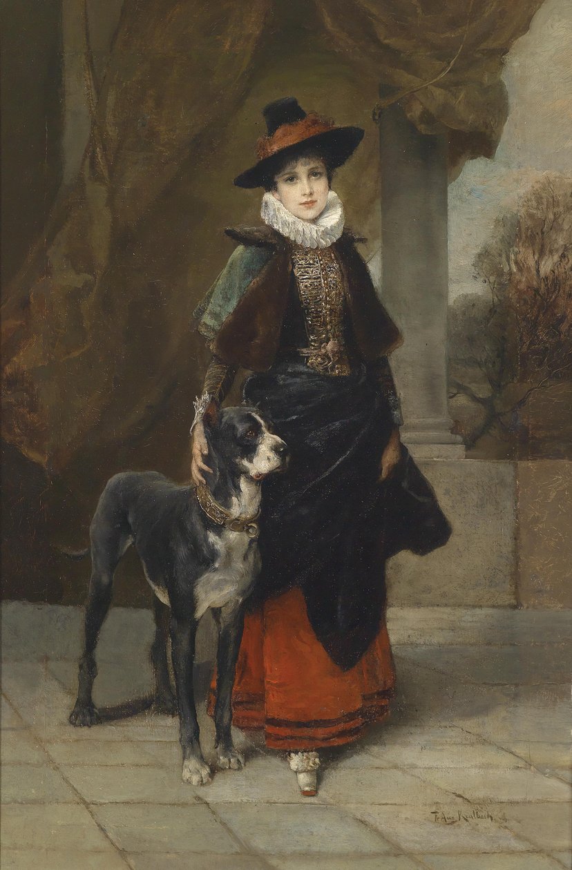 Portrett av en dame i en historiserende drakt med en mastiff av Friedrich August von Kaulbach