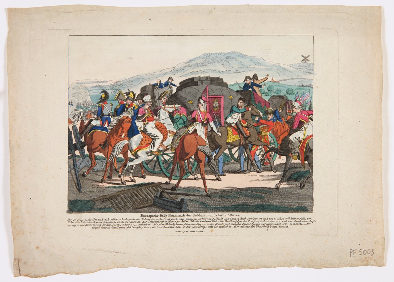 The Flight of Napoleon fra slaget ved Waterloo, 1815 (farget etsning) av Friedrich Campe