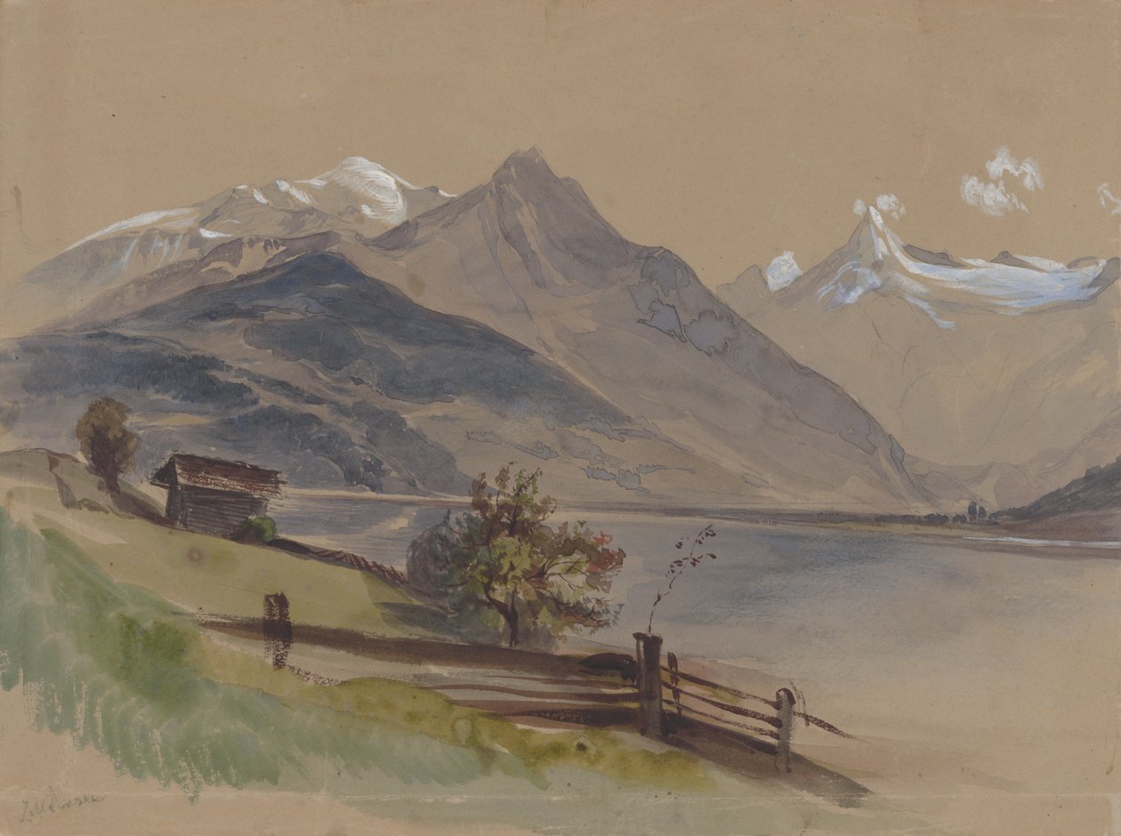 Alpint landskap med en innsjø av Friedrich Carl von Scheidlin