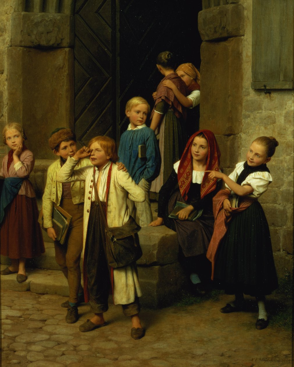 Skolebarn som ser en gutt gråte, 1861 av Friedrich Edouard Meyerheim