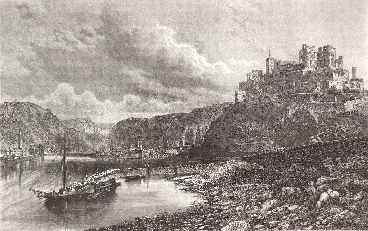 Sankt Goar, stålgravering fra et Rhinen -album av Pierre Joseph Redouté
