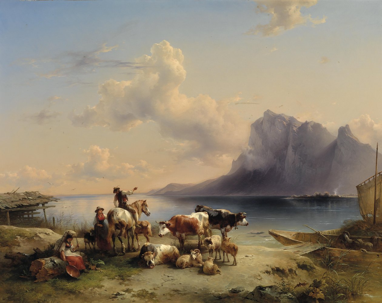 Gjeter og storfe ved Attersee av Friedrich Gauermann