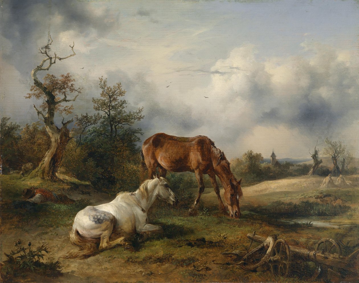 To hester (en hvit hest og en rev) på beitet av Friedrich Gauermann