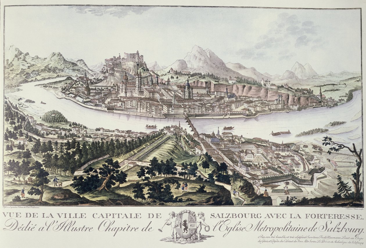 Utsikt over hovedstaden og festningen i Salzburg, dedikert til det illustrerte kapittelet til Metropolitan Church of Salzburg, 1791 av Friedrich Gotthard Naumann