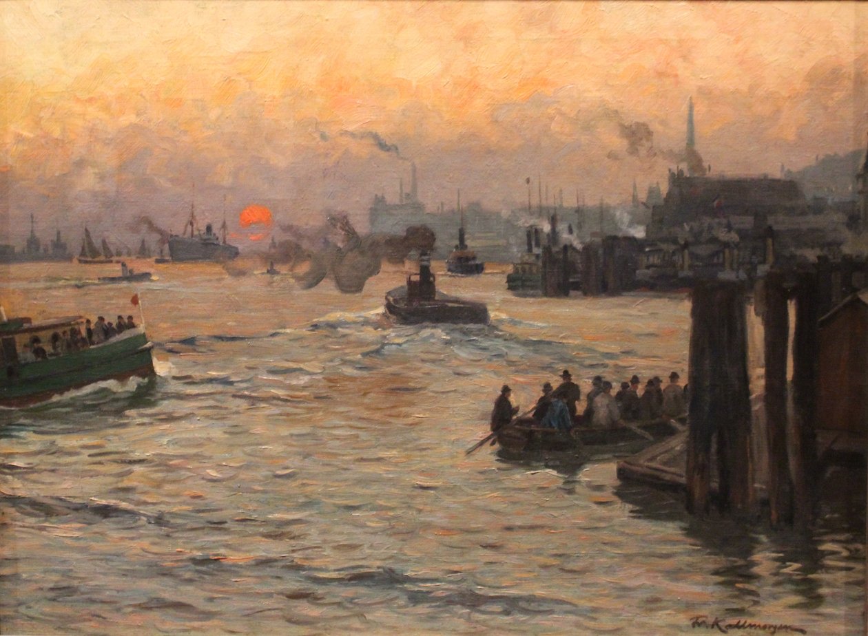 Hjemvendt verft og havnearbeidere i havnen i Hamburg om kvelden av Friedrich Kallmorgen