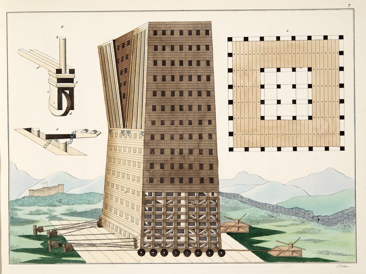 Tower of Demetrius Poliorcetes (336-283 f.Kr.) under beleiringen av Rhodos i 305 f.Kr., plate fra 