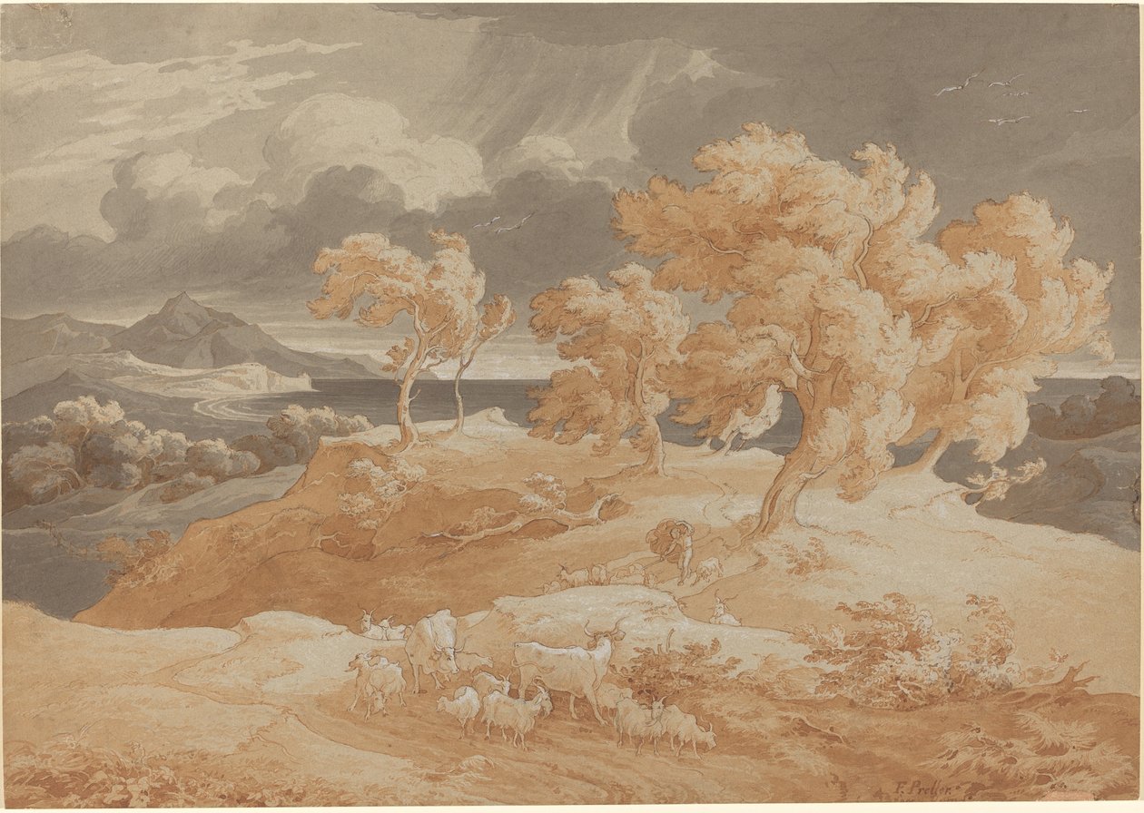 Italiensk kystlandskap med tordenvær av Friedrich Preller the Elder