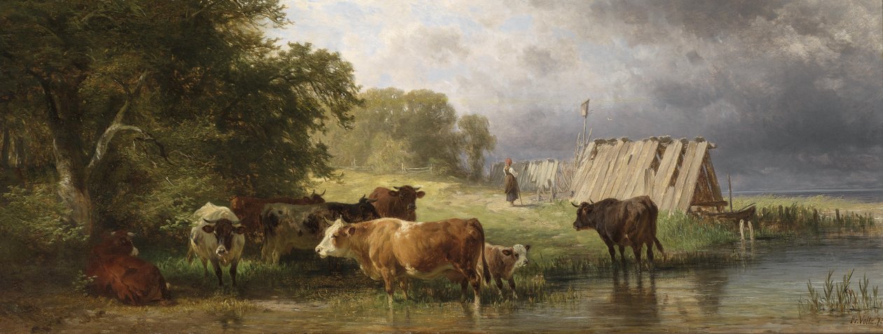Resten av flokken kyr på innsjøbredden av Friedrich Johann Voltz