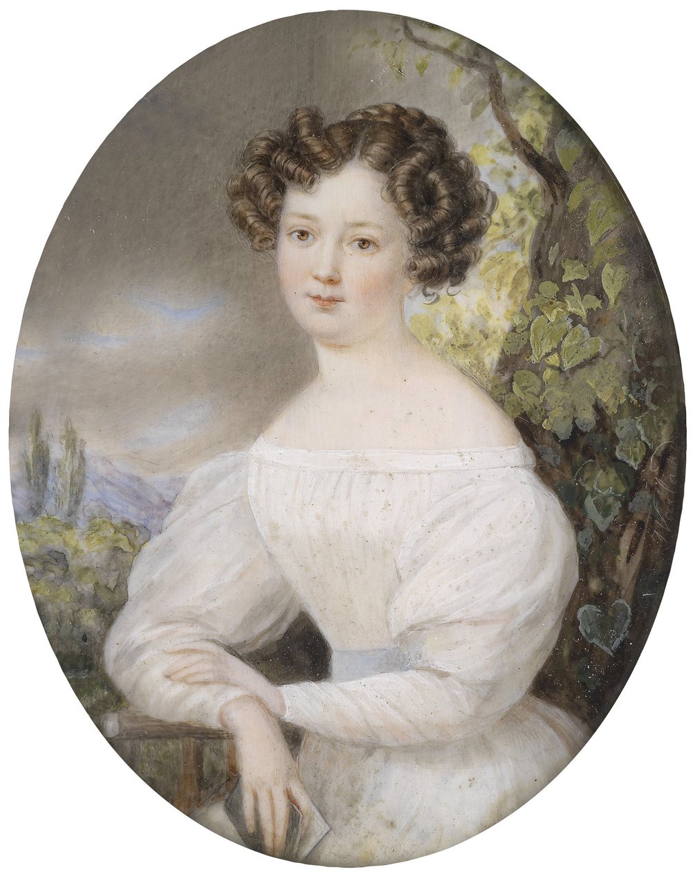 Portrett av en ung kvinne i en hvit kjole, sittende i et landskap av Friedrich Wailand