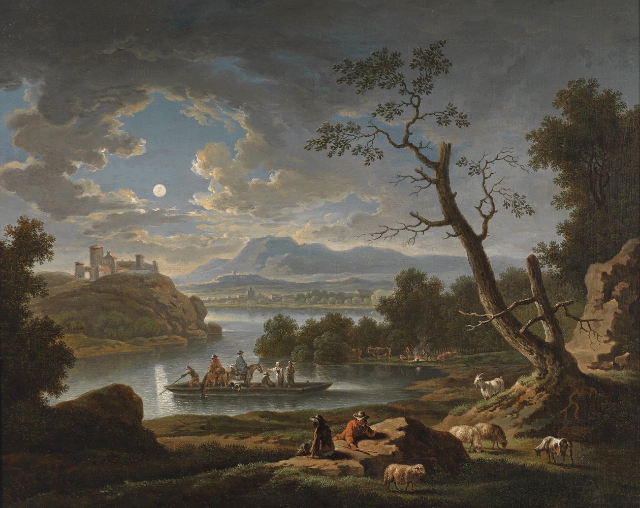 Et elvelandskap i måneskinn av Friedrich Wilhelm Hirt