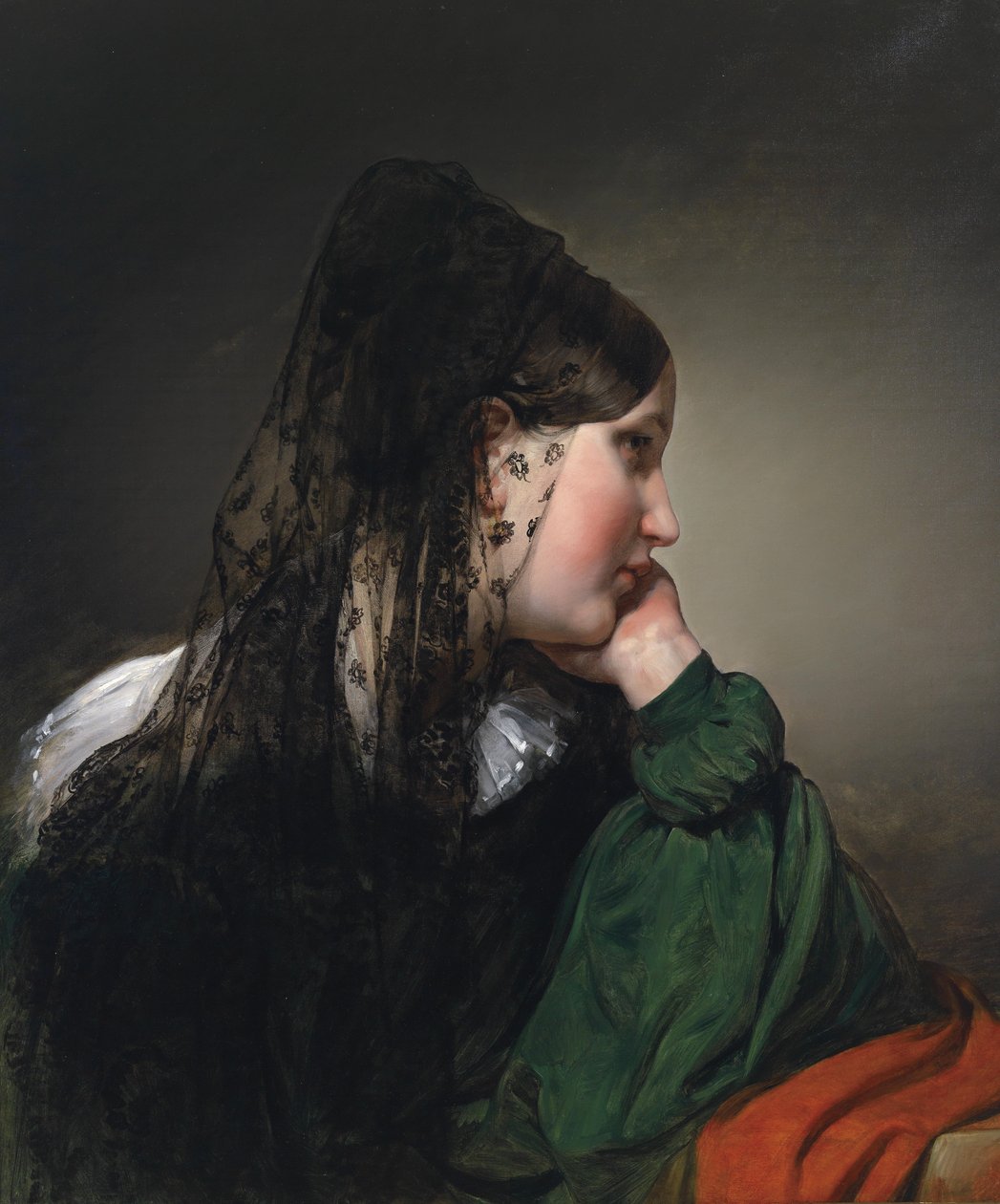 Jente i profil med svart mantilla. av Friedrich von Amerling